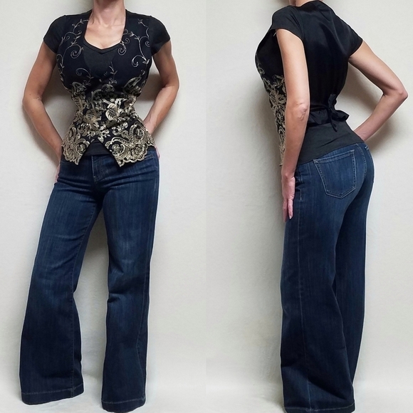 VINTAGE 80s The Icing Black Floral Gold Embroidered Scalloped Waistcoat Vest M - Picture 1 of 14